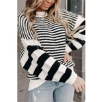 Bild von Azura Exchange Schwarzer-weiß gestreifter Drop Shoulder Bischofsärmel Strickpullover